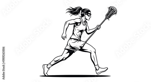 High-contrast black and white vector illustration of a female lacrosse player running with a stick. Ideal for team logos, posters, and sports apparel design.