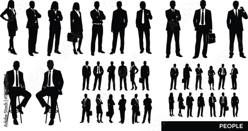 Professional Business People Silhouettes Collection Featuring Large Set of Men and Women in Formal Suits Standing Sitting and Holding Briefcases for Corporate Office Concepts