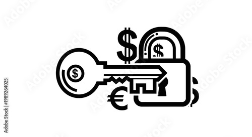 Financial Security Concept: Key Unlocking Padlock with Currency Symbols