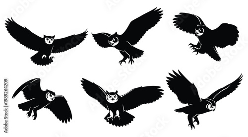Great Horned Owl Silhouette Set — Flying and Hovering Owl Black Silhouettes Vector Collection Isolated on White