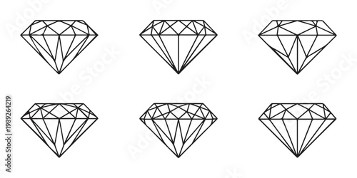 Geometric diamond gemstone outline icons set showing various perspective views of brilliant cut crystal jewel.