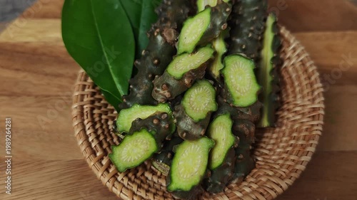 Tinospora cordifolia herb on basket