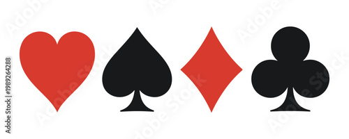 Playing card suit symbols in red and black colors including heart spade diamond and club icons for game design.