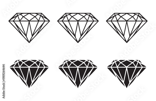 Diamond vector outlines and filled shapes set isolated on transparent background for branding element.