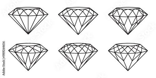 Linear diamond icons set featuring diverse geometric facet patterns for luxury jewelry branding and logo design.