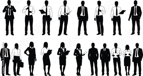 Professional business people silhouettes set featuring diverse men and women in formal office attire standing together for corporate teamwork and leadership concepts.