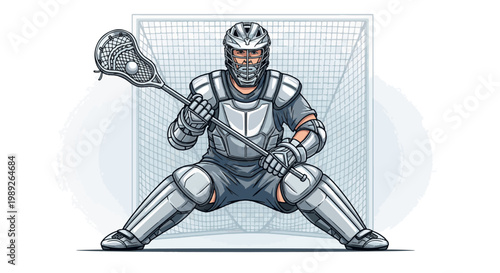 A dynamic vector illustration of a lacrosse goalie in full protective gear, guarding the net with intensity. Ideal for sports branding and team logos.
