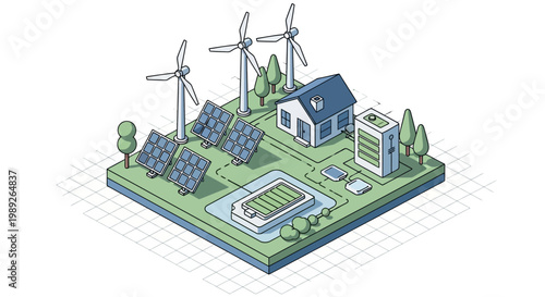 Sustainable energy generation and storage system powering a modern home with solar panels and wind turbines