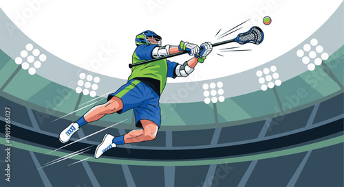 A powerful vector illustration of a lacrosse player leaping in the air for a goal-scoring shot in a lit stadium.