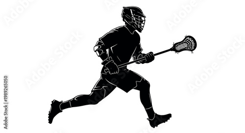 Dynamic black and white silhouette of a lacrosse player running with a stick. Ideal for sports logos, team branding, and graphic design projects.
