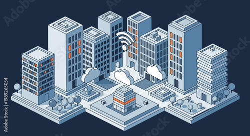 Isometric illustration of a smart city, showcasing urban connectivity, digital infrastructure, wireless communication networks, and cloud computing integrated into modern buildings