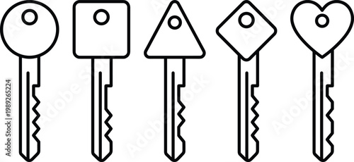 House key vector icon set with different key shapes in clean black outline style, editable security and real estate symbol collection for property websites, locksmith services and branding materials