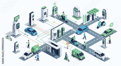 Clean isometric design illustrating an integrated electric vehicle ecosystem, featuring charging stations, diverse EV types, and modern urban transportation