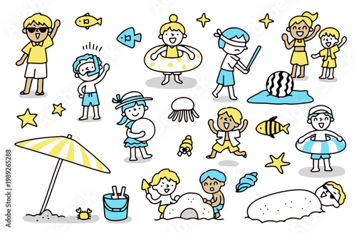 スイカ割りや海水浴などで夏を楽しむ人たちのイラストセット