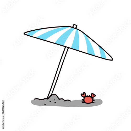 青色のパラソルと日陰で休むカニのイラスト