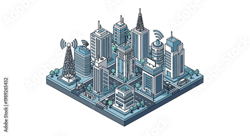 Detailed isometric smart city design featuring modern buildings, advanced communication technology, and integrated urban infrastructure for future connectivity