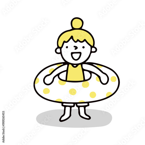 うきわをしている水着を着た子供のイラスト