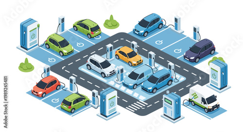 Isometric electric car charging station showcasing sustainable transportation and green energy solutions