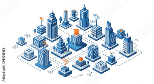 Isometric illustration of a smart city network. Interconnected urban buildings symbolize advanced digital technology, intelligent infrastructure, and future urban development