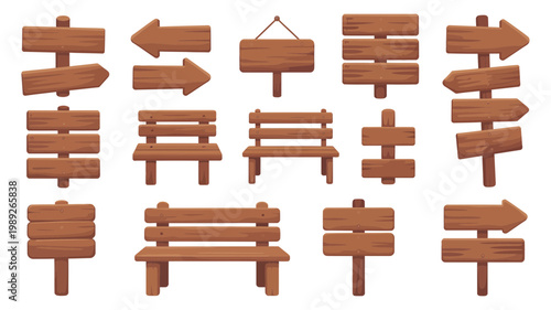 A comprehensive assortment of rustic brown wooden signs and benches suitable for park or trail indications.