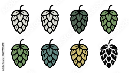 A diverse collection of eight distinct hop cones is presented in various colors and styles.