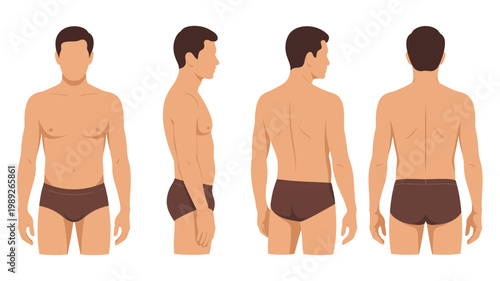 An athletic man's body is presented in front, side, and back views for anatomical reference.