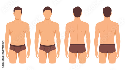 A man's body is clearly depicted from the front and back for anatomical and fitness purposes.