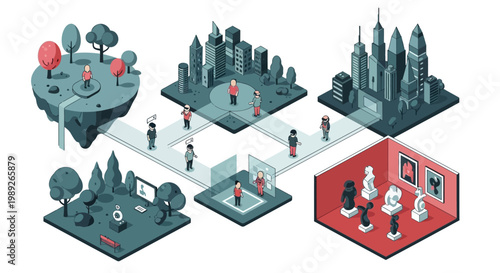 A captivating isometric illustration depicting a diverse, interconnected digital world where people engage across urban, natural, and cultural landscapes