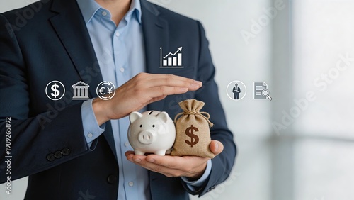Businessman holding piggybank and bag of money symbolizing finance investments savings security protection banking system euro dollar currency exchange rate financial planning