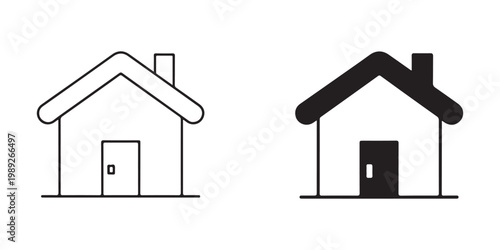 Outline and solid house icons with door and chimney on transparent background for graphic design needs.