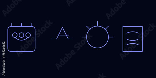 Minimalist ai technology icons featuring futuristic symbols for artificial intelligence solar power fish and a calendar on a dark sleek background