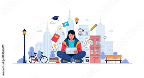Student learning outdoors city background with tablet and books, education concept