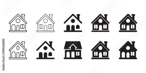 Detailed architectural cottage house icons featuring chimneys windows and circular attic openings for layouts.