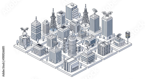 A minimalist isometric vector illustration showcasing a cityscape with modern buildings and towers