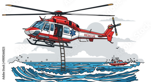 Rescue Helicopter Hoisting Ladder Over Choppy Sea with Boat
