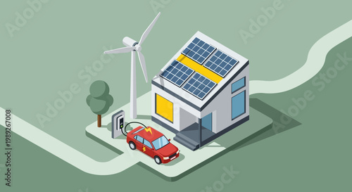 Green Energy Home with Solar Panels and Electric Car Charging Station