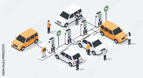 Isometric illustration depicting a bustling electric vehicle charging station network with cars and people, highlighting sustainable energy infrastructure for future urban mobility
