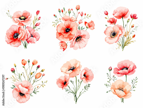 Фотография Beautiful hand painted poppies with subtle greenery arranged in a light and airy floral pattern