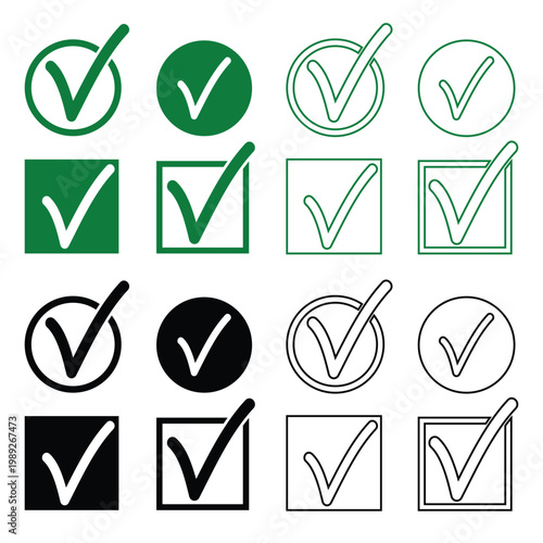Check Mark Icon Vector Set, Tick and Checkbox Symbols in Circle and Square Shapes, Green and Black Outline and Solid Style for Checklist, Approval, Verification, UI UX, Web, App and Infographic Design