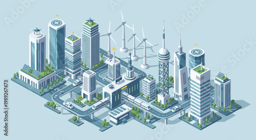 An isometric visualization of a futuristic, sustainable city with renewable energy sources and modern architecture