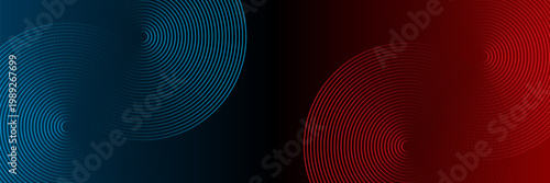 Abstract futuristic technology lines background with red and blue light effect. Gradient circle line pattern design. Glowing lines vector. Modern dark banner template graphic elements.