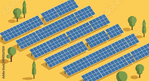 Modern Isometric Solar Power Farm Illustration - Sustainable Renewable Energy Production Landscape on Rural Field