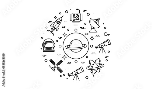 Collection of icons representing various tools and concepts of astronomy and space exploration