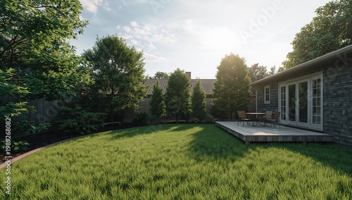 Serene Backyard Oasis with Lush Grass and Sunlit Decking Area