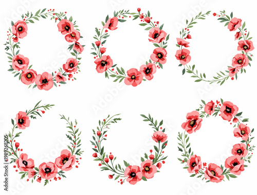Artistic watercolor poppy blossoms collection with delicate stems and leaves