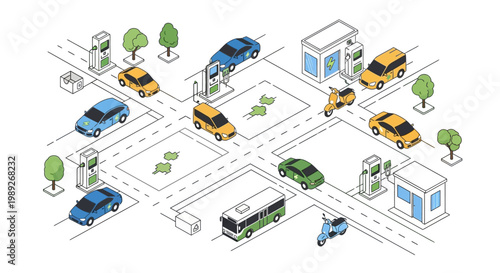 Futuristic urban transport network with electric vehicles charging stations and smart city infrastructure