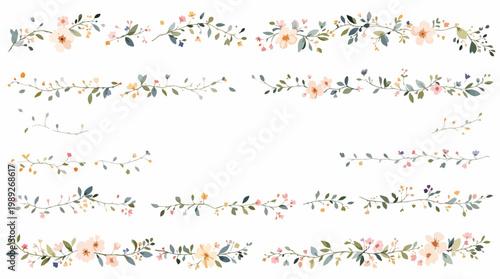 Hand drawn floral wreath with subtle colors and fine details creating a soft and charming artistic border.