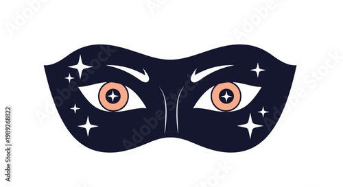 Mysterious black masquerade mask decorated with white stars and featuring large pink eyes with a starry reflection on a white background.