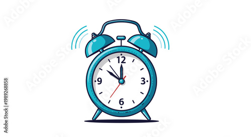 Classic blue twin bell alarm clock ringing loudly with vibration lines shown against a clean white background for time management concepts.