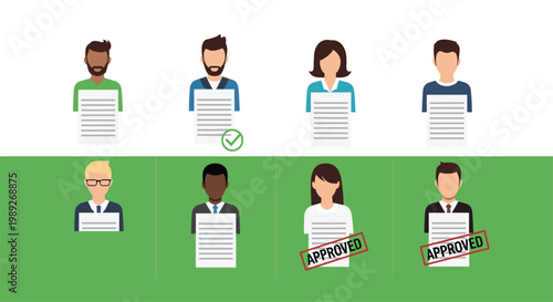 Recruitment process illustration showing two rows of diverse job candidates holding documents with approved and checked status markers.